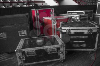 black and white photography. boxes for equipment. preparation for a concert