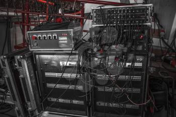 sound equipment at the concert. television shooting. black and white photography.