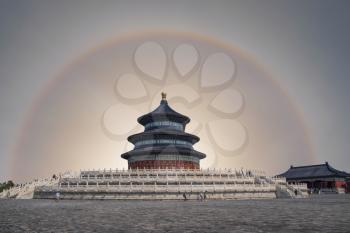The halo shines over the Temple of Heaven - temple and monastery complex in central Beijing