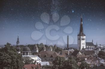 starry night sky over Tallinn. Estonia