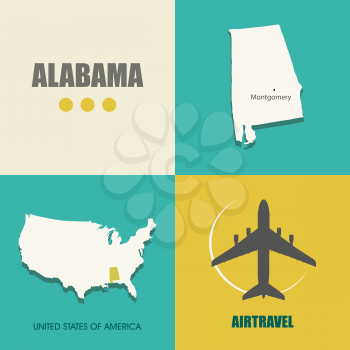 flat design with map Alabama concept for air travel