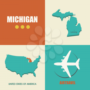 flat design with map Michigan concept for air travel
