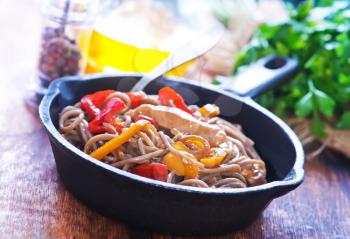 soba with meat and vegetables in the pan