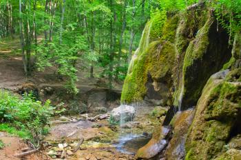 waterfall in forest, waterfall in Crimea spring forest