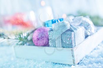 christmas decoration in wooden box and on the white table