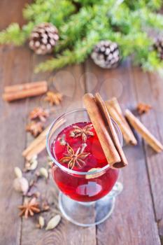 mulled wine and christmas decoration on a table