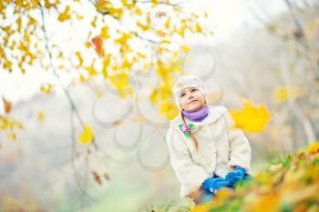little girl in autumn forest, yellow leaves and little girl