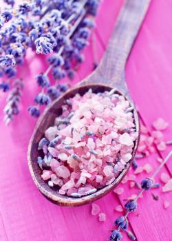 sea salt in the bowl and lavender flowers