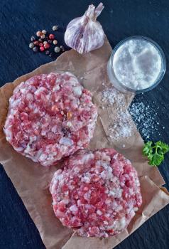 raw burgers on papaer with aroma spice