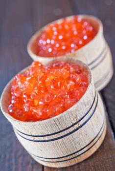 red salmon caviar in the wooden bowl