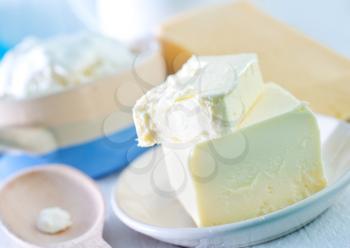 milk products on a table, butter and milk