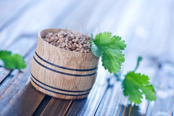 coriander in bowl and on a table