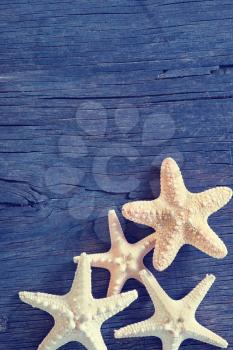 starfish on wooden background, sea shell on a table