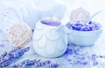 spa objects, lavender soap and towel on a table