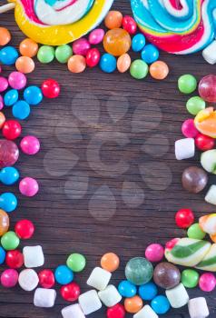 sweet color candy on the wooden background