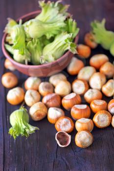 fresh hazelnuts in bowl and on a table