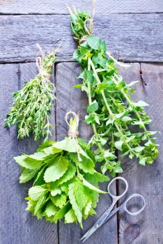 fresh aroma herbs on the wooden table