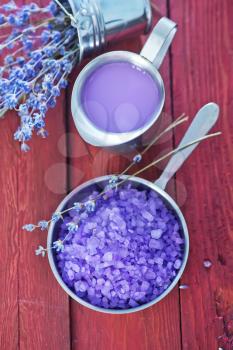 violet sea salt in metal bowl and on a table
