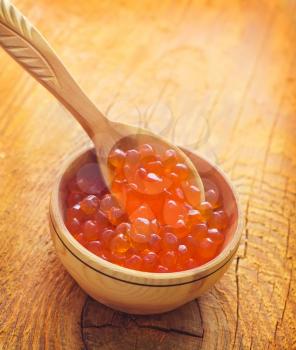 Red salmon caviar in the wooden bowl and spoon