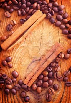 Frame from coffee beans and cinnamon, coffee beans and cinnamon on wooden background