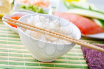 Boiled rice with ingredients for sushi