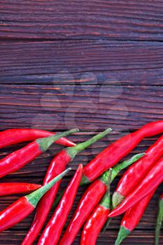 chilli peppers on the wooden table, hot chilli