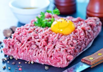 minced meat with spice and raw egg on a table