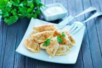 fried dumplings on the white plate and on a table