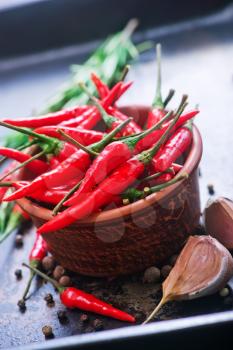 red hot chilli with salt and aroma spice on a table