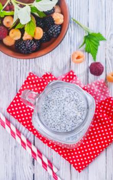 milk with chia in the glass and on a table