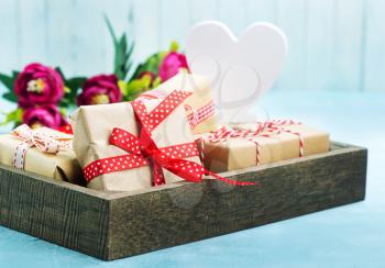 boxes for present on a table, holiday background