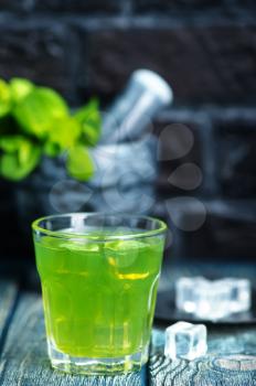 fresh mint drink in glass and on a table