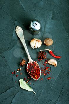 aroma spice in spoon and on a table