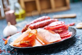 Italian ham, smoked sausages and salami, stock photo