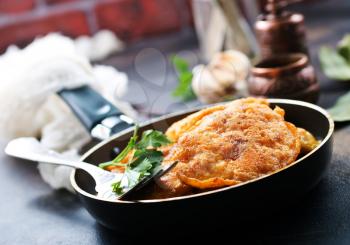 chicken cutlets in pan, cutlets with fresh greens and spice