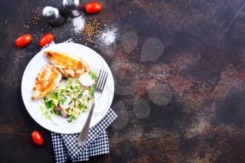 salad with grilled chicken breast, diet food, stock photo
