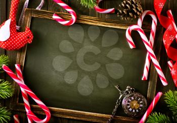 Christmas background, Christmas decoration and black board for note