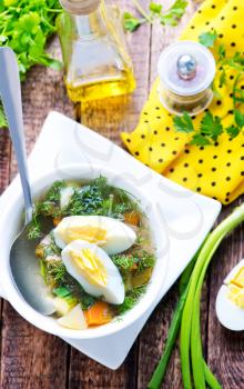 green soup with boiled egg in the bowl