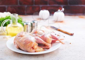 raw quail on white plate, stock photo