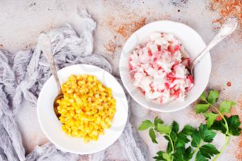 sweet corns and crab sticks, ingredients for salad