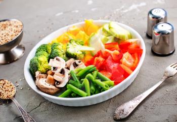 raw vegetables for baking, vegetables and mushrooms on plate
