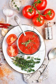fresh tomato soup in bowl, soup from tomato and red paprika