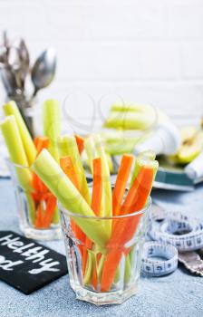 diet food, fresh celery and carrot in the glass