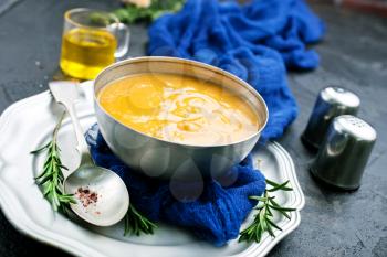 pumpkin soup in bowl, soup with aroma spice, diet food