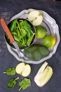 green food, diet food, vegetfblts and fruits on plate