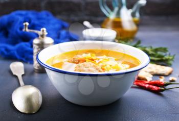 soup with meat balls and vegetables, soup in bowl