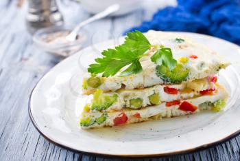 omelette with vegetables on plate on a table