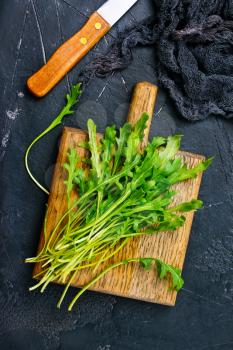 Fresh green arugula on wooden board. Arugula rucola for salad. 