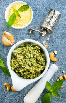 pesto sauce in white bowl, pesto with nuts and oil