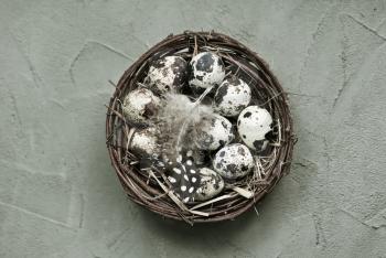 raw quail eggs on nest and on a table